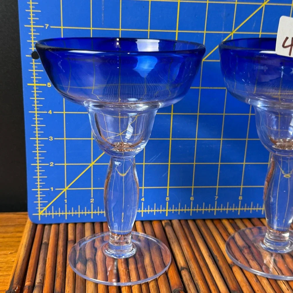 3 qty Mexican Hand Blown Margarita Glasses Cobalt Blue Rim‎ Summer Party taco